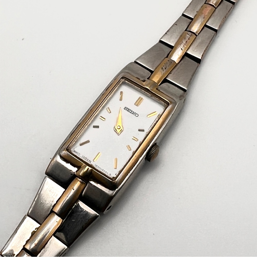 Vintage Seiko Two-Tone Skinny Rectangular Womens Watch New Battery - Picture 7 of 12